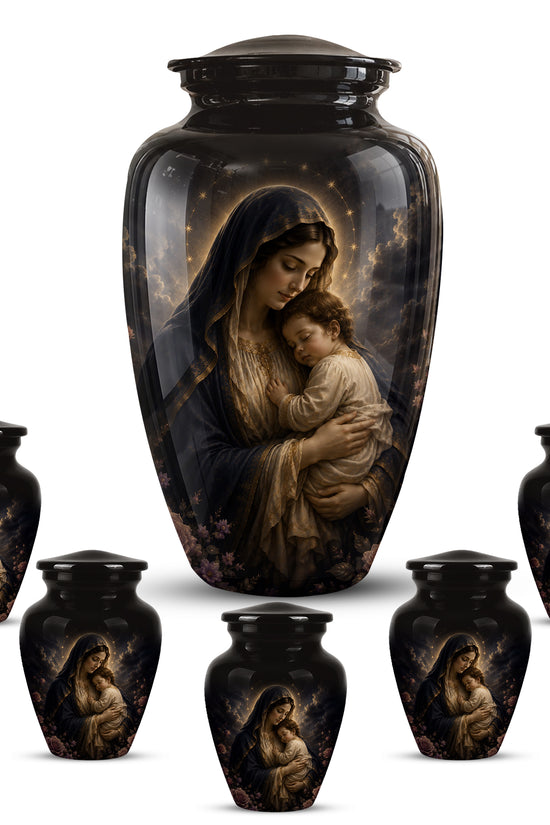 Virgin Mary With Baby Jesus Urn - Personalized Black Cremation Urn For Ashes