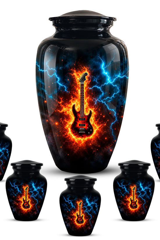 Majestic Thunder & Fire Guitar Cremation Urn - Black Funeral Urns For Ashes