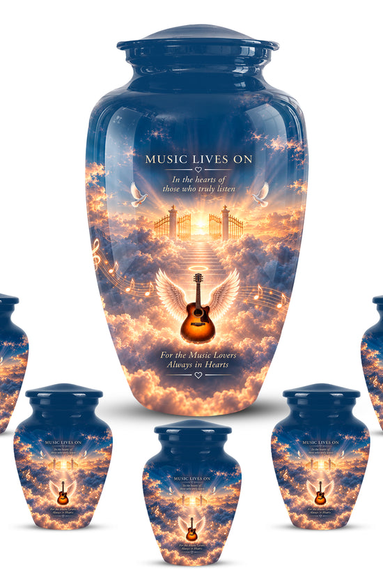 Angel Wings & Guitar Tribute Funeral Urn - Sunset Heaven Gate & Stairs Memorial Urn