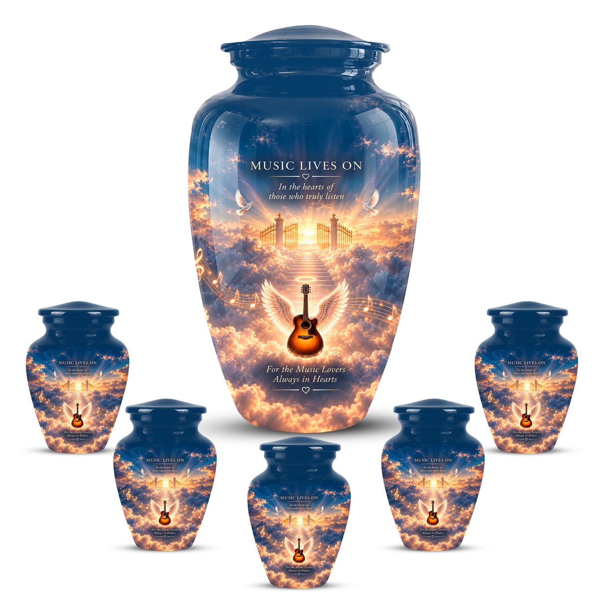 Angel Wings & Guitar Tribute Funeral Urn - Sunset Heaven Gate & Stairs Memorial Urn