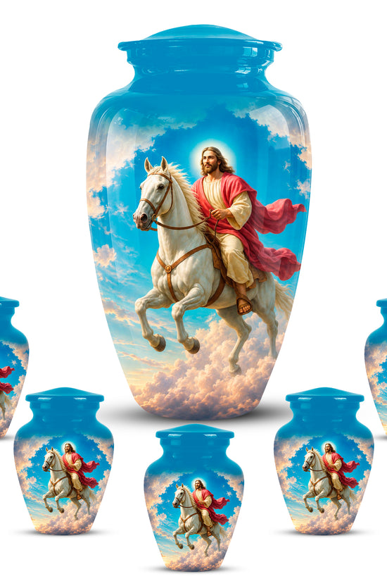 Custom Blue Aluminum Horse & Jesus Religious Urn for Human Ashes