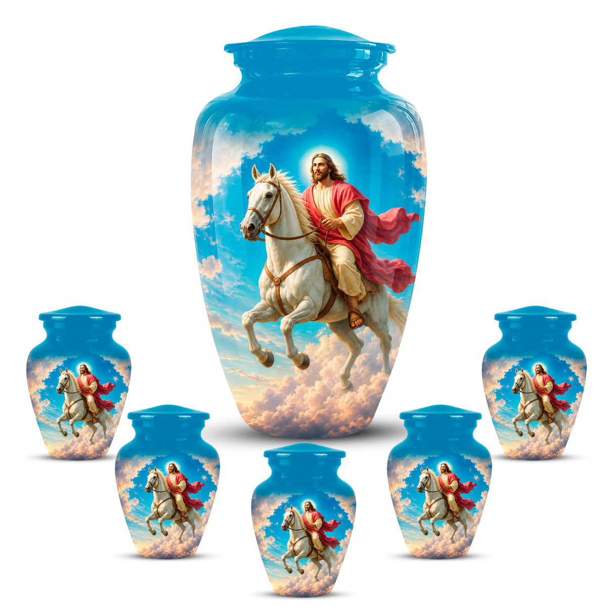 Custom Blue Aluminum Horse & Jesus Religious Urn for Human Ashes