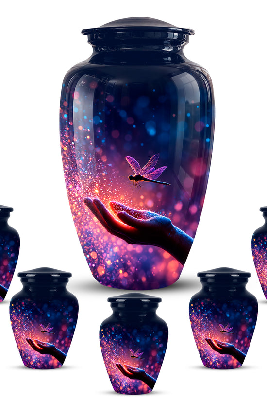 Blue Serene Dragonfly Cremation Urn - Majestic Human Hand Ashes Container