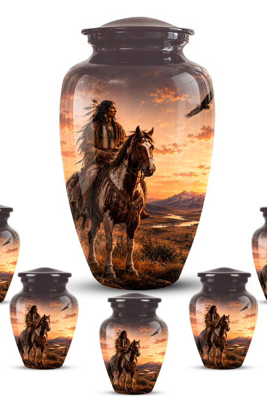 Personalized Native American Horse Rider Aluminum Cremation Ashes Urn