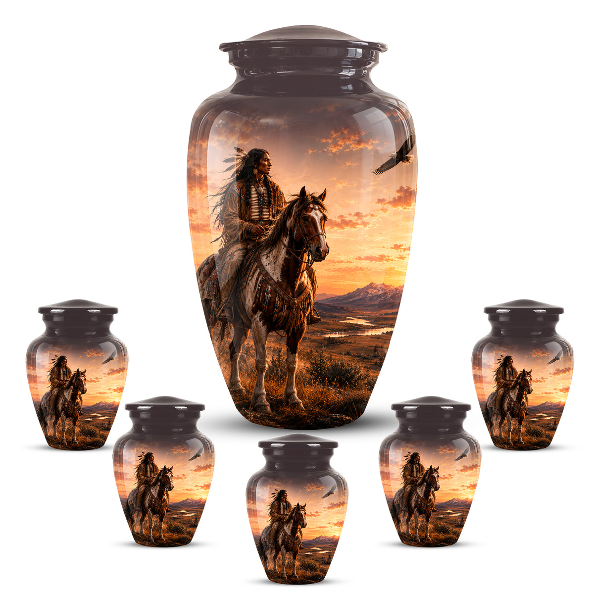 Personalized Native American Horse Rider Aluminum Cremation Ashes Urn