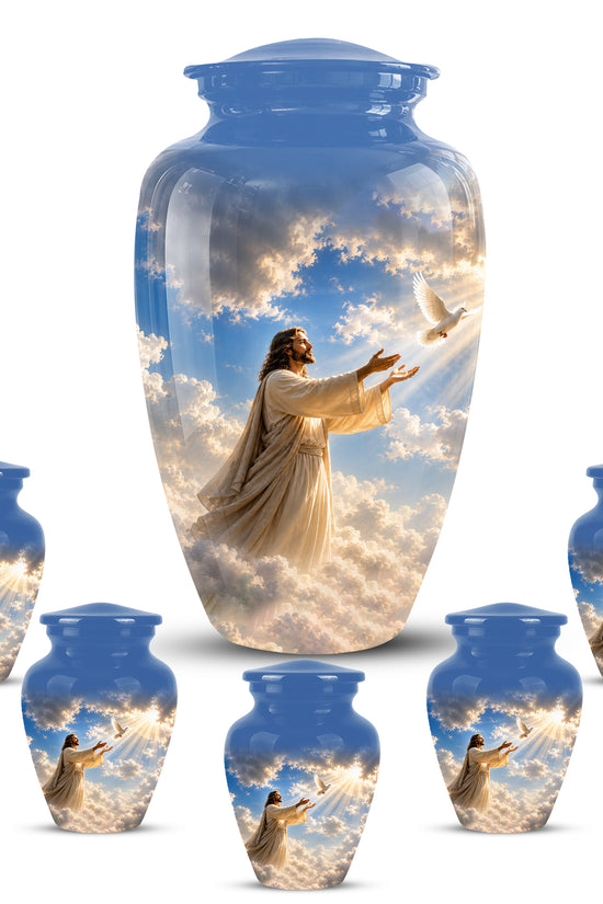 Personalized Jesus With White Dove Urn - Blue Aluminum Cremation Urns