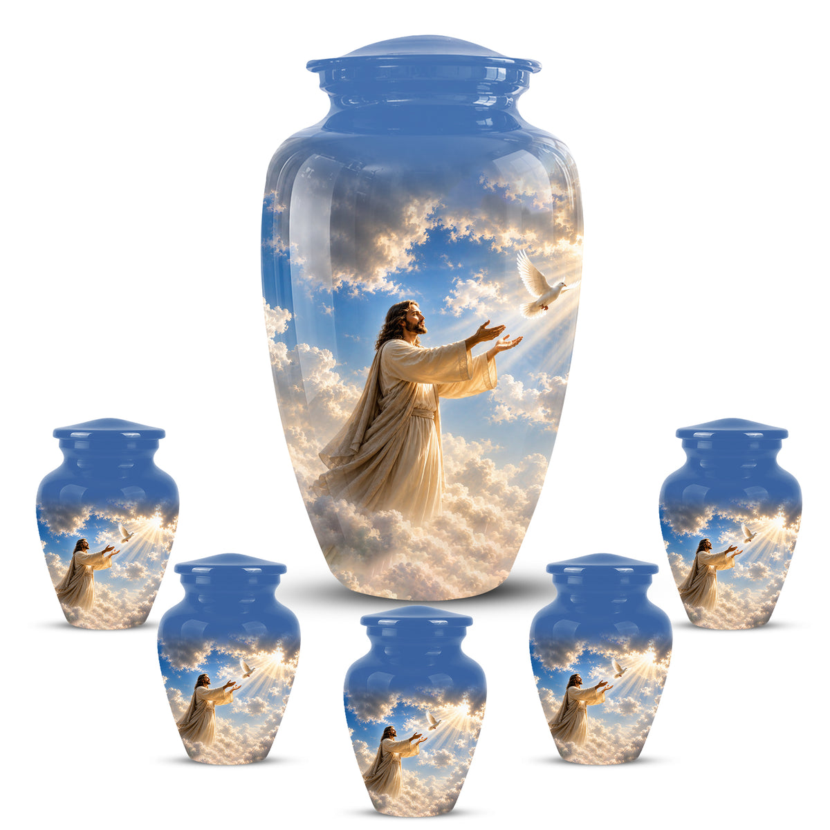 Personalized Jesus With White Dove Urn - Blue Aluminum Cremation Urns
