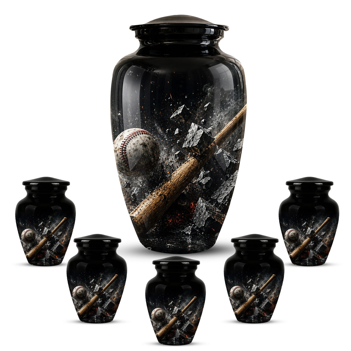 Baseball Bat Shattering Stone Urn - Custom Black Funeral Urns For Ashes