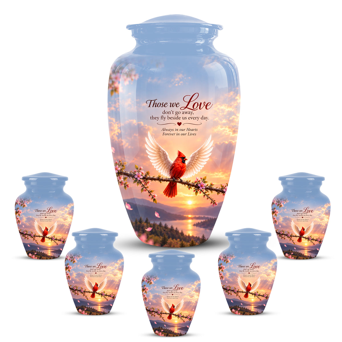 Red Cardinal Bird With Angel Wings Urn - Custom Quotes Aluminum Memorial Urns