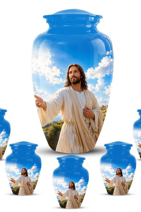 Blue Jesus Funeral Urn - Custom Aluminum Cremation Urn For Human Ashes