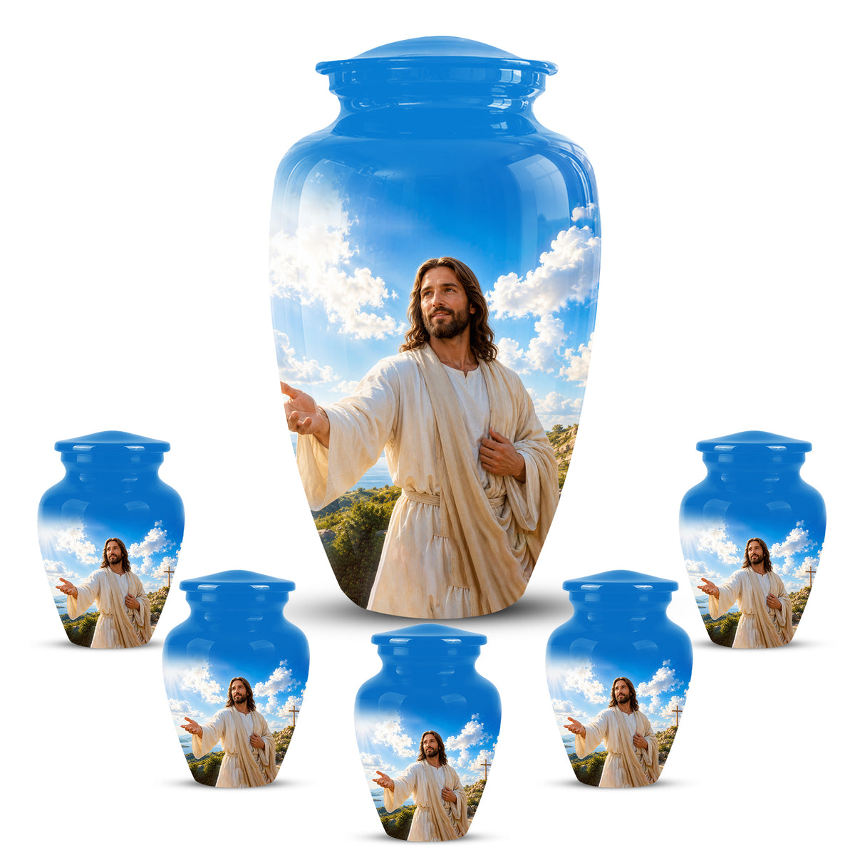 Blue Jesus Funeral Urn - Custom Aluminum Cremation Urn For Human Ashes