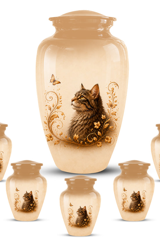 Custom Brown Memorial Cat Urn – Floral Aluminum Pet Ashes Cremation Urn