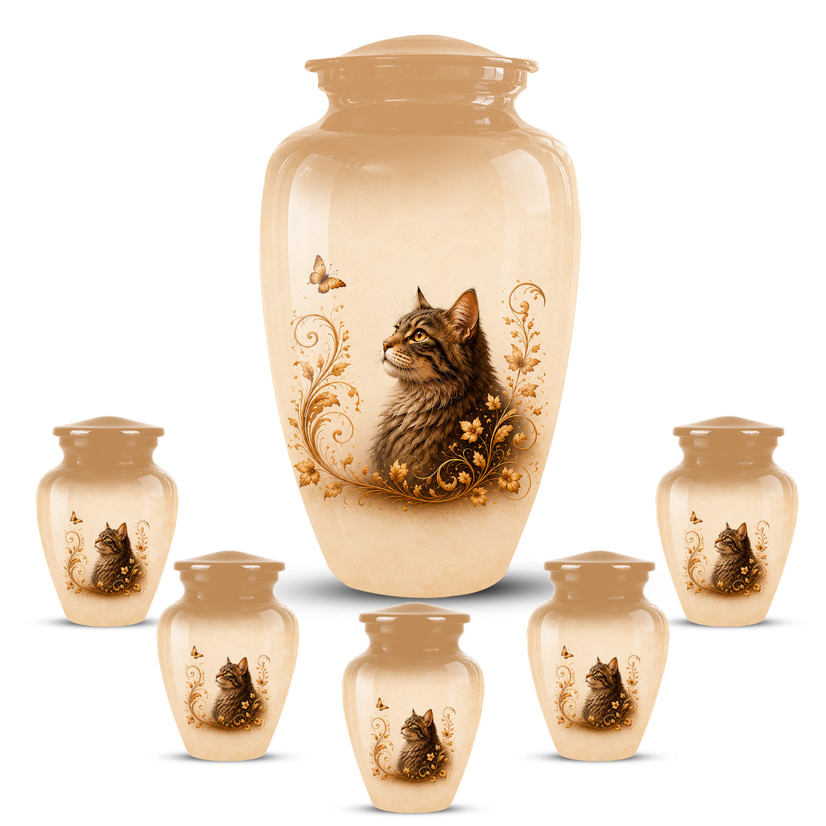 Custom Brown Memorial Cat Urn – Floral Aluminum Pet Ashes Cremation Urn