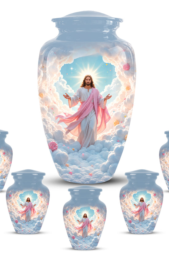 Heavenly Blue Clouds & Jesus Adult Aluminum Cremation Urn For Ashes