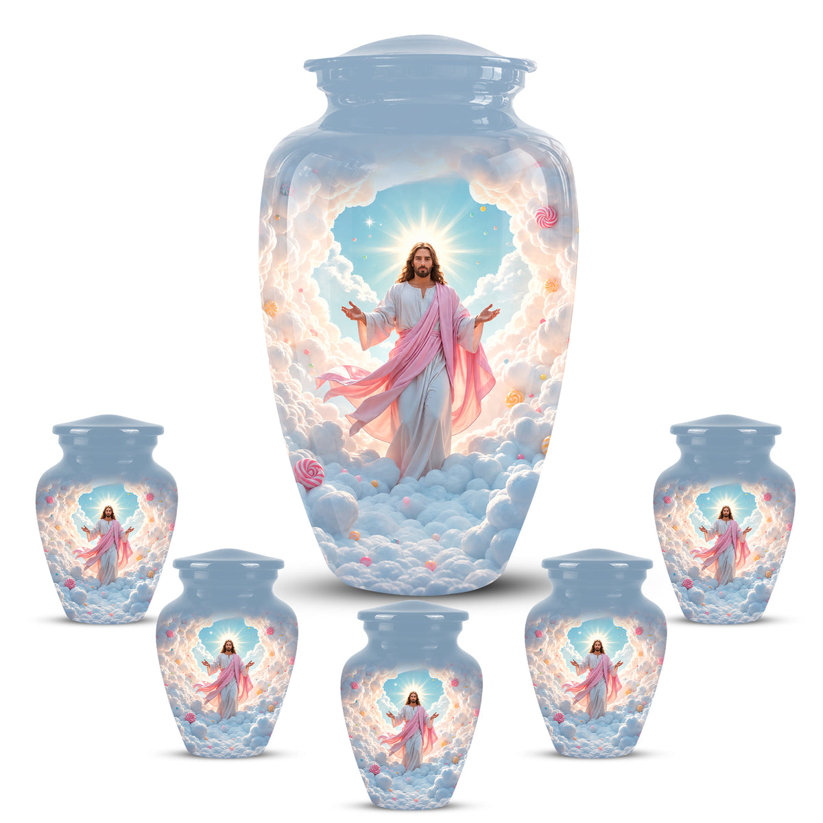 Heavenly Blue Clouds & Jesus Adult Aluminum Cremation Urn For Ashes
