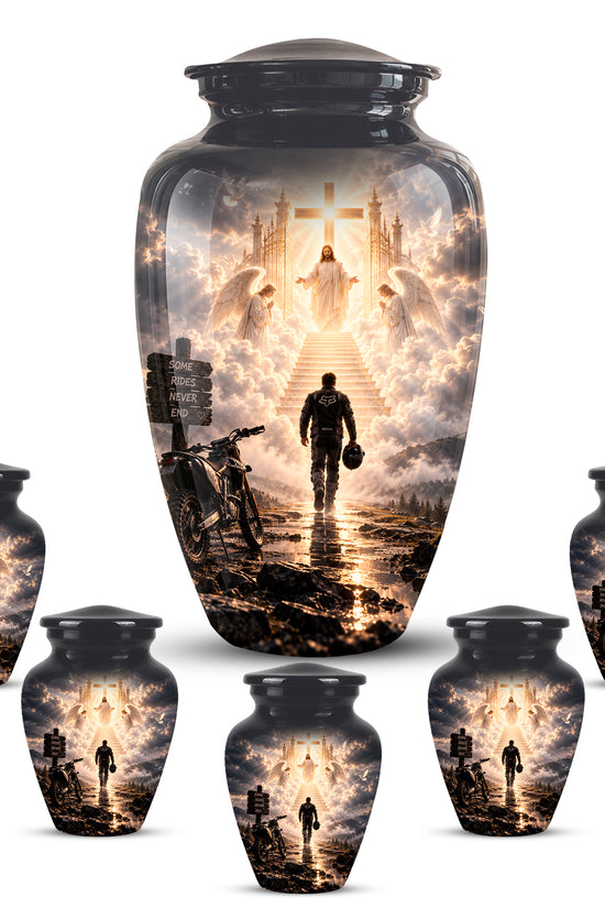 Bike Rider In Heaven Memorial Urn - Jesus & Angels Heaven Stairs Urns