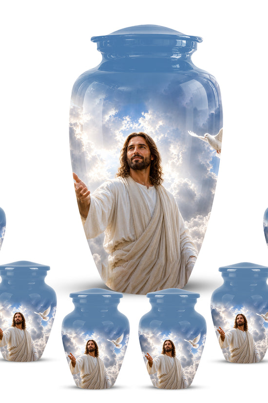 Personalized Jesus Cremation Urn - Blue Aluminum Urn For Spiritual Humans