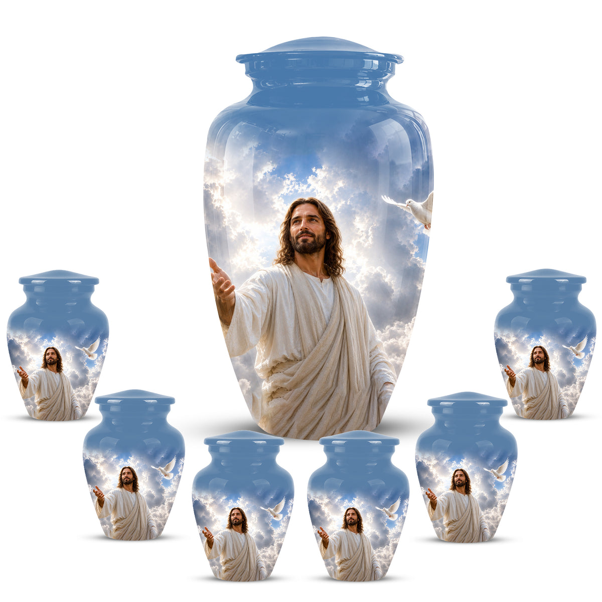 Personalized Jesus Cremation Urn - Blue Aluminum Urn For Spiritual Humans