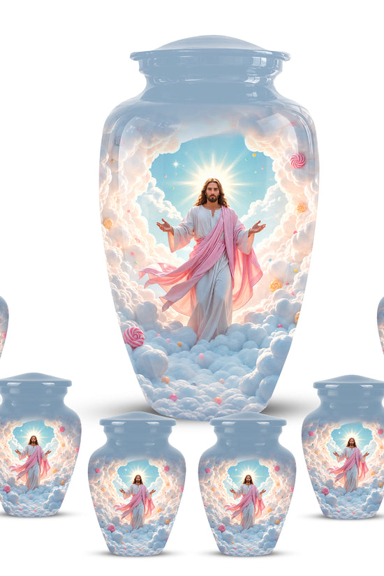 Heavenly Blue Clouds & Jesus Adult Aluminum Cremation Urn For Ashes