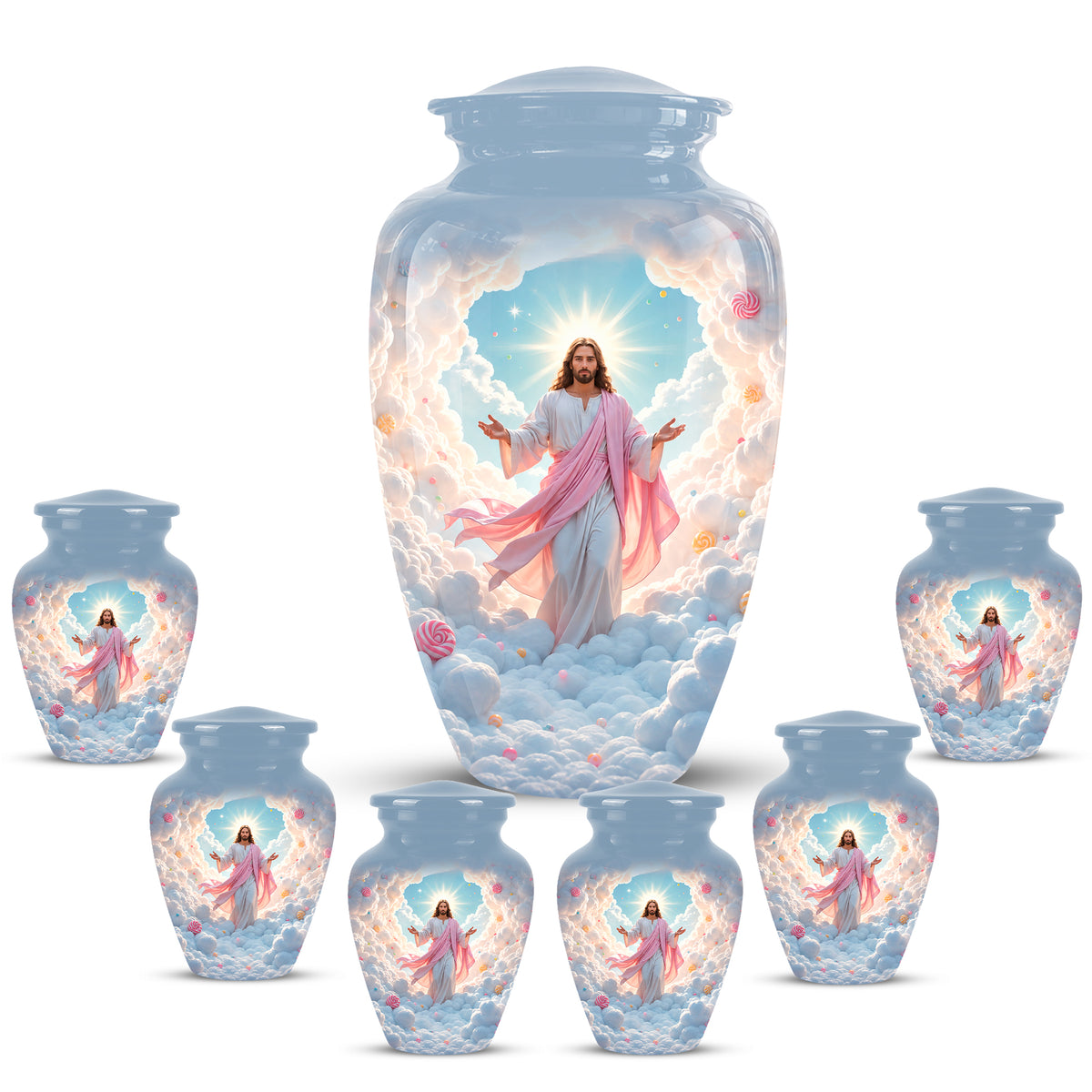 Heavenly Blue Clouds & Jesus Adult Aluminum Cremation Urn For Ashes