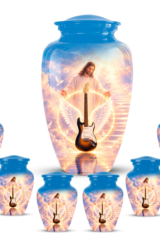 Custom Guitar Aluminum Memorial Urn - Angel Wing & Jesus Urns For Ashes
