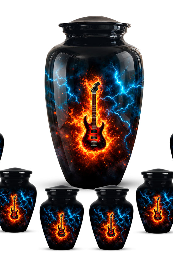 Majestic Thunder & Fire Guitar Cremation Urn - Black Funeral Urns For Ashes