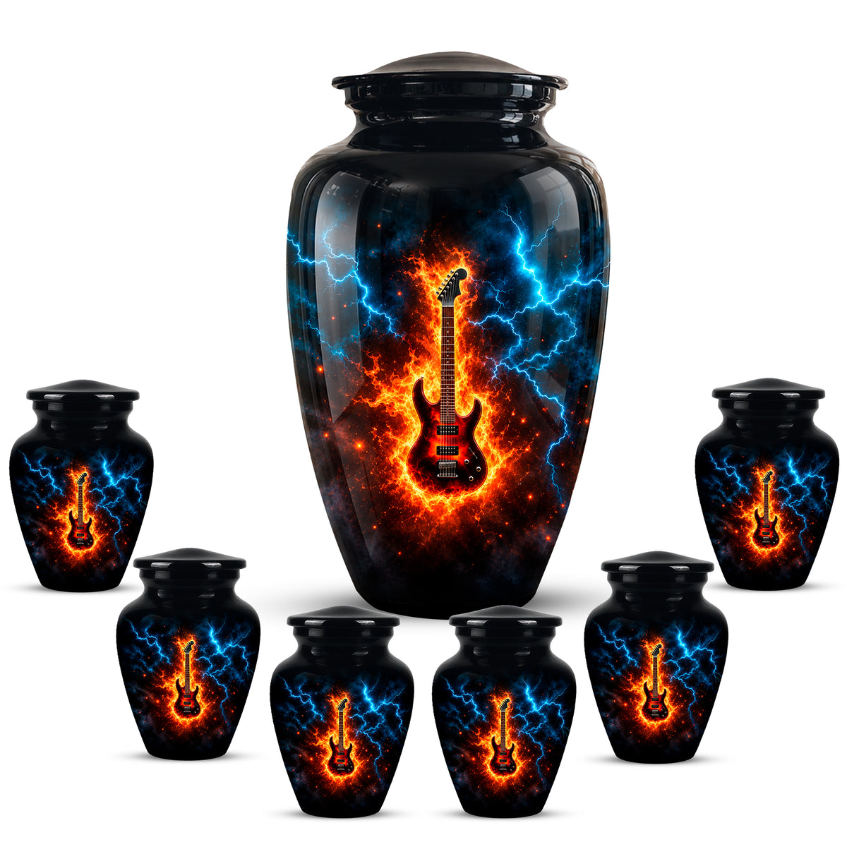 Majestic Thunder & Fire Guitar Cremation Urn - Black Funeral Urns For Ashes