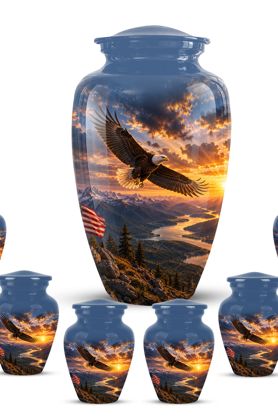 Sunset Eagle Funeral Urn - Blue Custom Aluminum Urns For Human Ashes