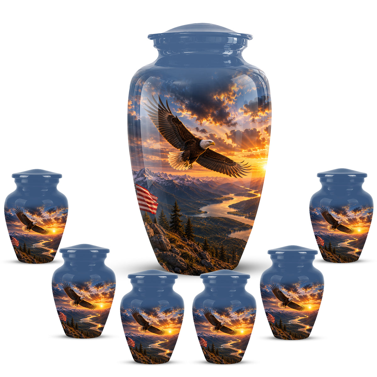 Sunset Eagle Funeral Urn - Blue Custom Aluminum Urns For Human Ashes