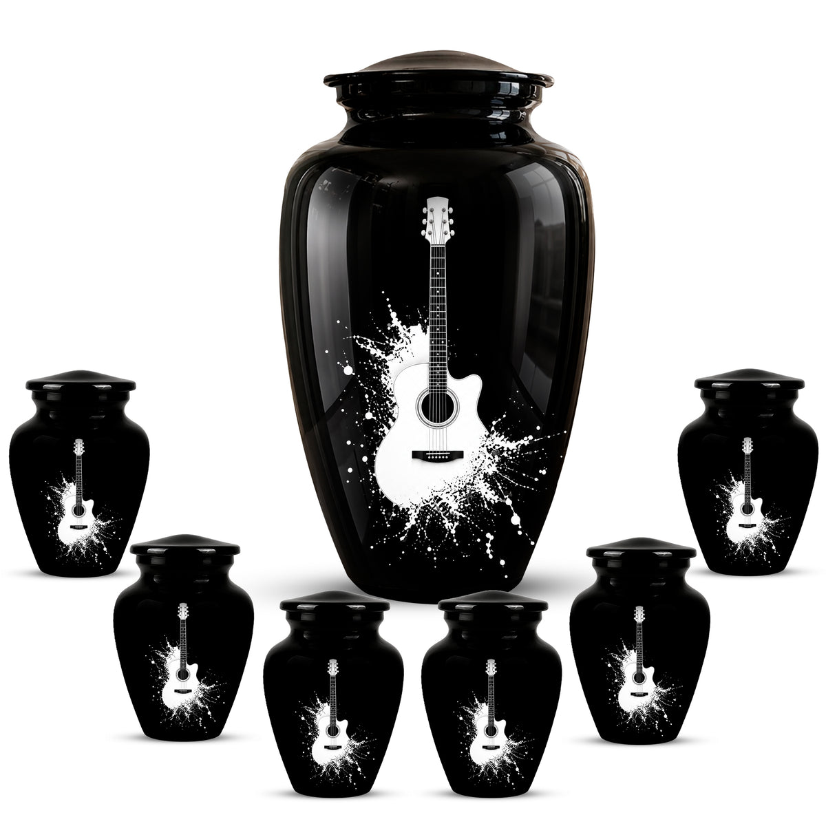 White Guitar Cremation Urn - Artistic Black Memorial Urns For Musicians