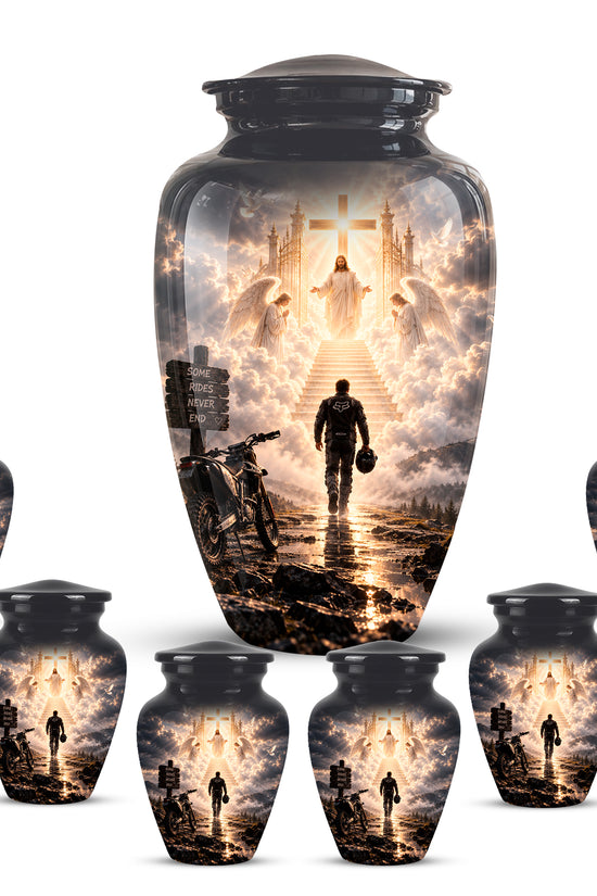 Bike Rider In Heaven Memorial Urn - Jesus & Angels Heaven Stairs Urns