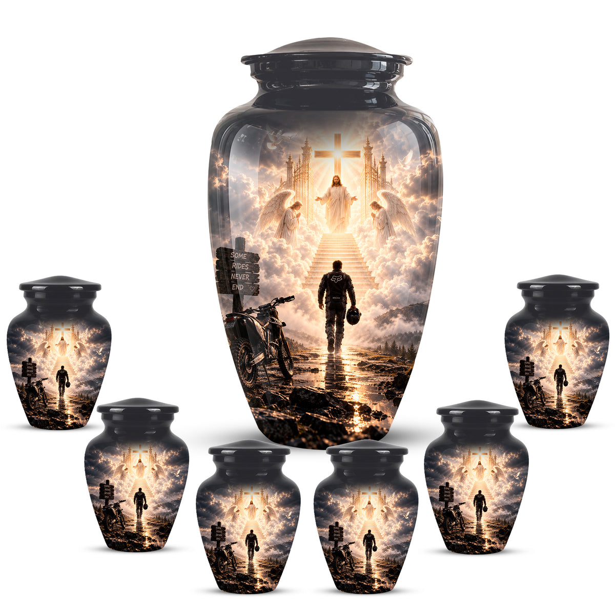 Bike Rider In Heaven Memorial Urn - Jesus & Angels Heaven Stairs Urns