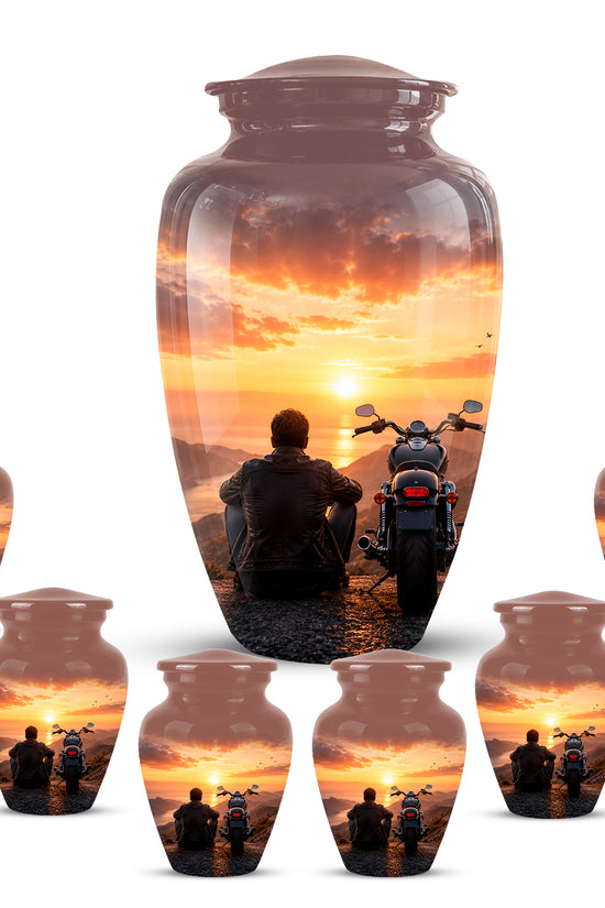 Peaceful Sunset Motorcycle Cremation Urn – Handcrafted Tribute to Biker Ashes