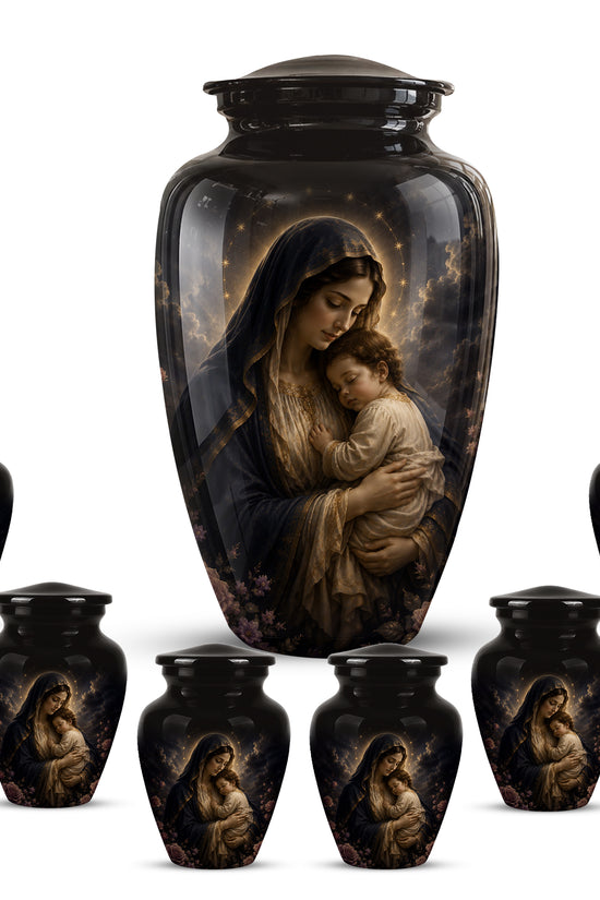 Virgin Mary With Baby Jesus Urn - Personalized Black Cremation Urn For Ashes