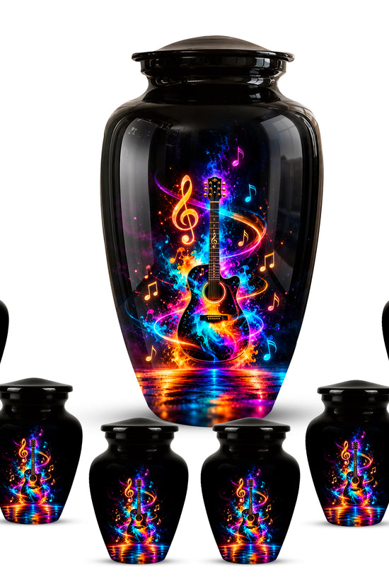 Black Artistic Cremation Urn with Colorful Musical Notes & Cosmic Design