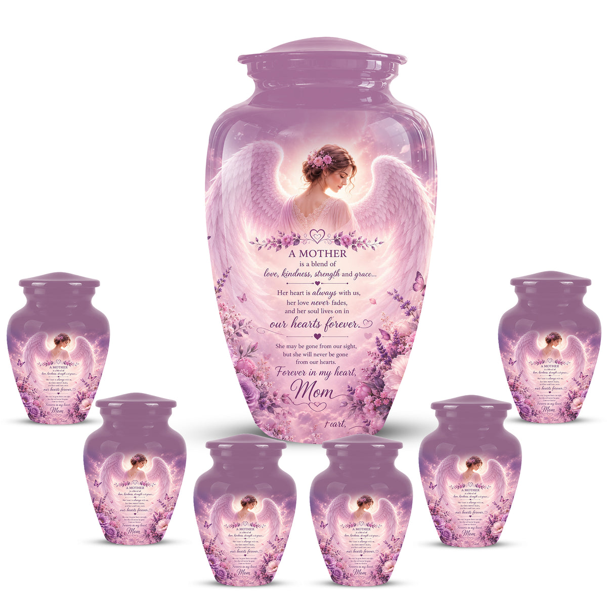 Pink Angel Mom Wings Cremation Urn - Custom Quotes Funeral Urns For Mom