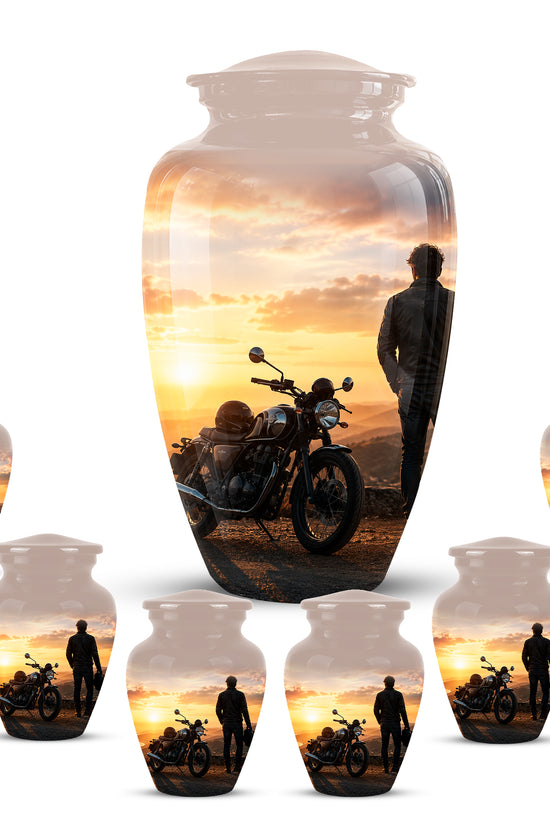 Custom Sunset Mountain Bike Rider Aluminum Urn – Hand Engraved