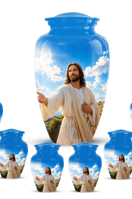 Blue Jesus Funeral Urn - Custom Aluminum Cremation Urn For Human Ashes