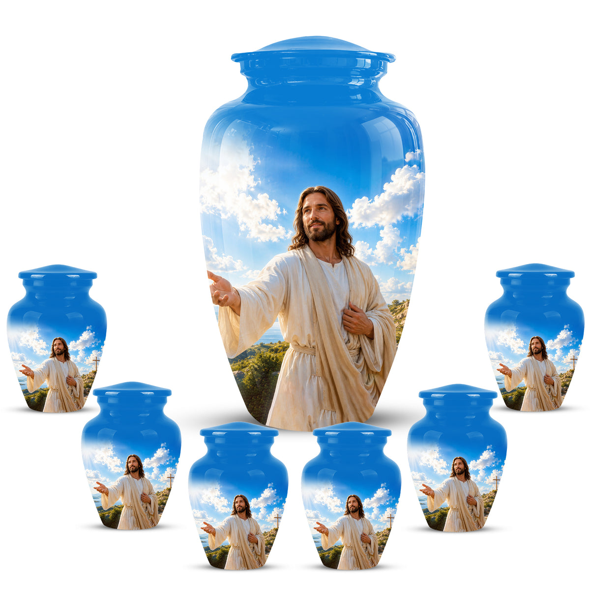 Blue Jesus Funeral Urn - Custom Aluminum Cremation Urn For Human Ashes