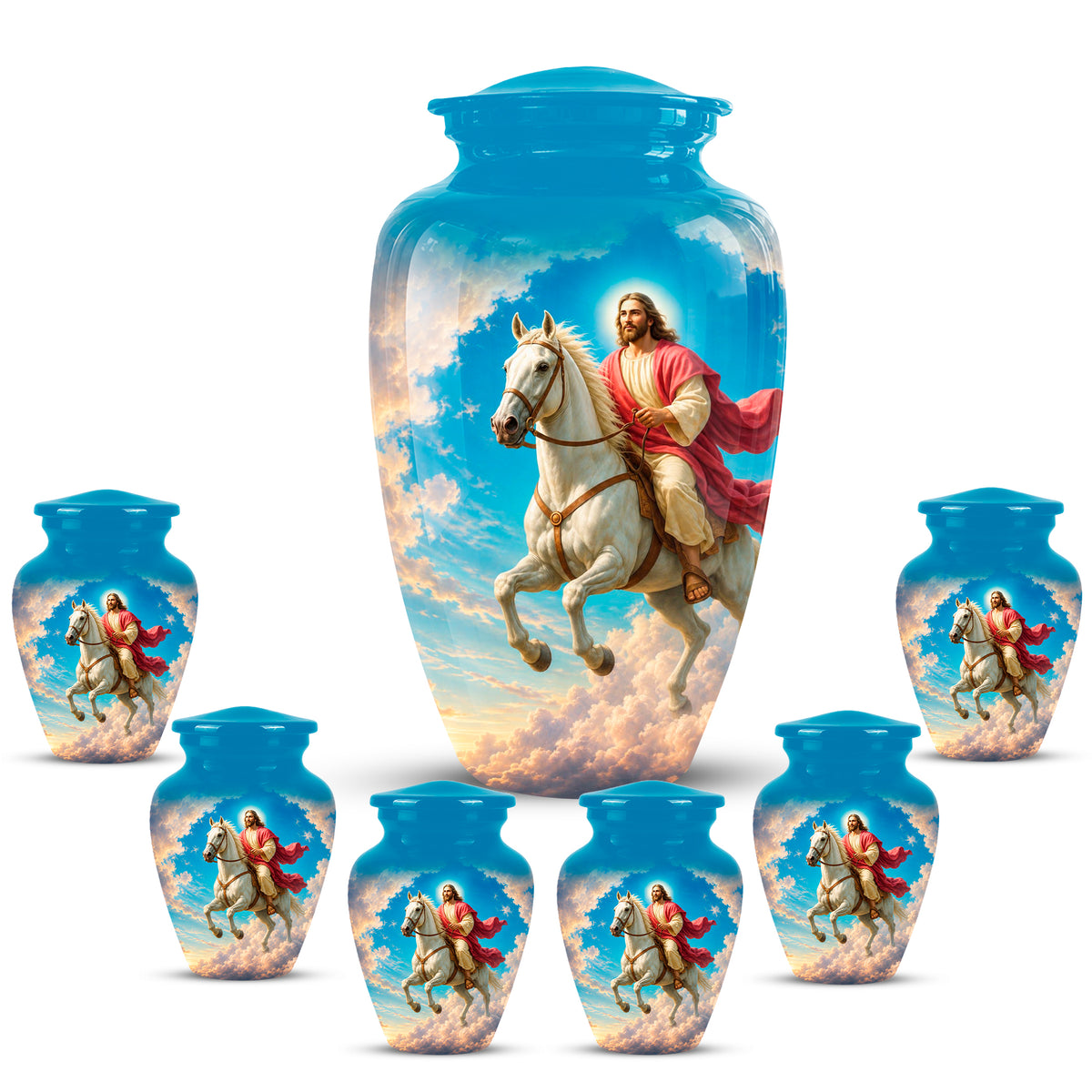 Custom Blue Aluminum Horse & Jesus Religious Urn for Human Ashes