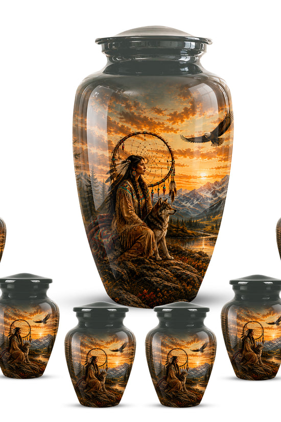 Native American Woman & Flying Eagle – Sunset Wolf Memorial Ashes Urn