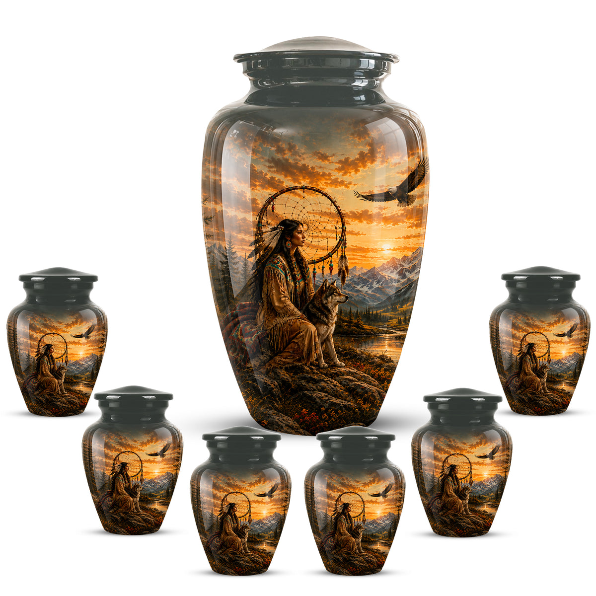 Native American Woman & Flying Eagle – Sunset Wolf Memorial Ashes Urn