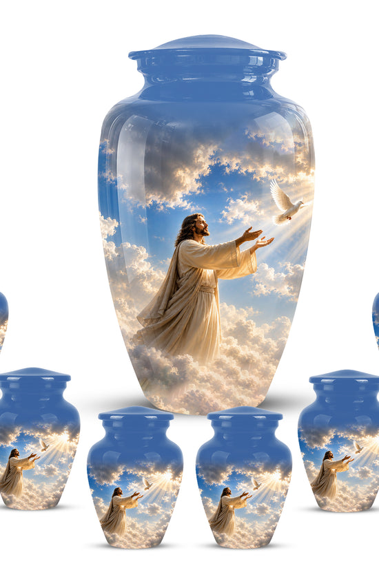 Personalized Jesus With White Dove Urn - Blue Aluminum Cremation Urns