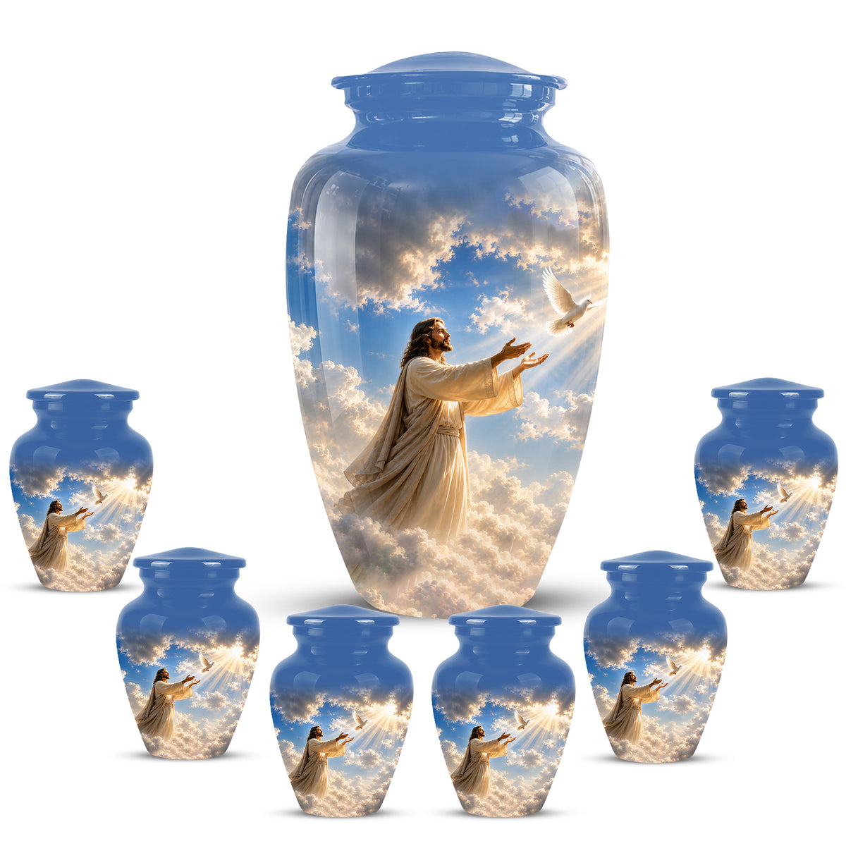 Personalized Jesus With White Dove Urn - Blue Aluminum Cremation Urns