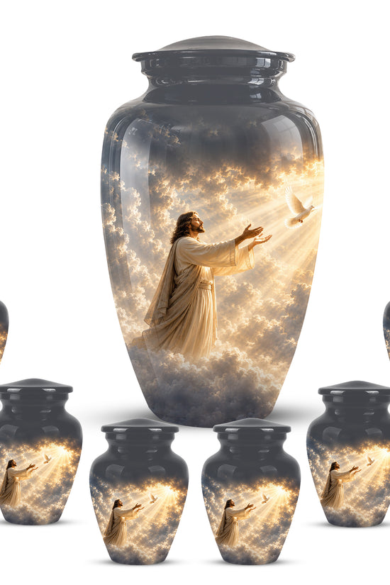 Jesus With Flying Dove Cremation Urn - Beautiful Sunrays Theme Urn For Ashes