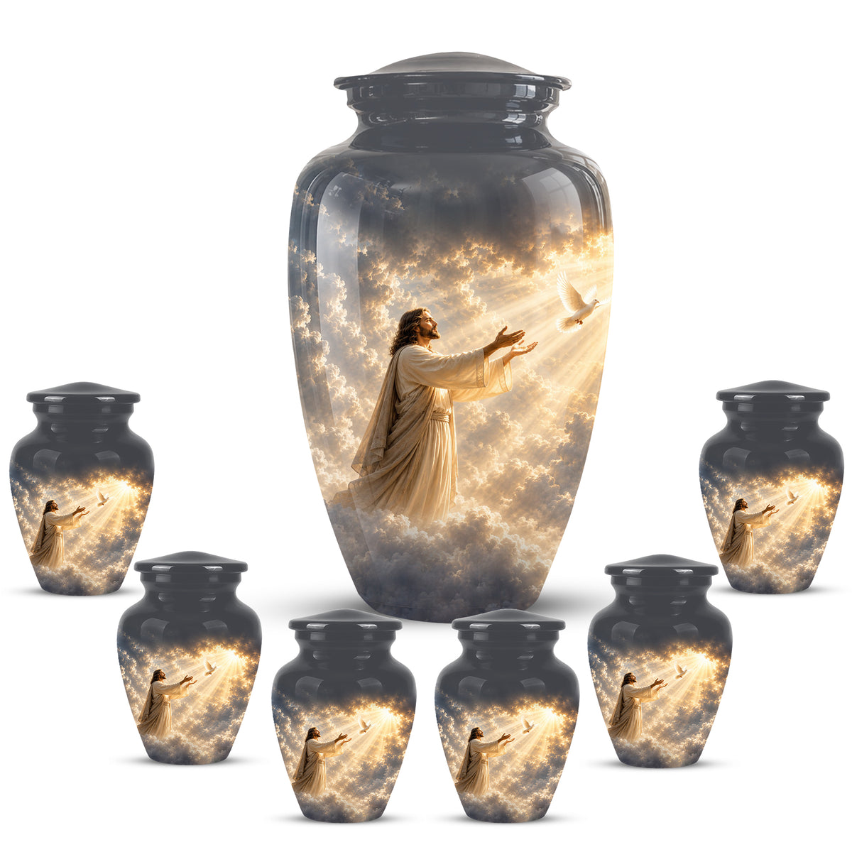 Jesus With Flying Dove Cremation Urn - Beautiful Sunrays Theme Urn For Ashes