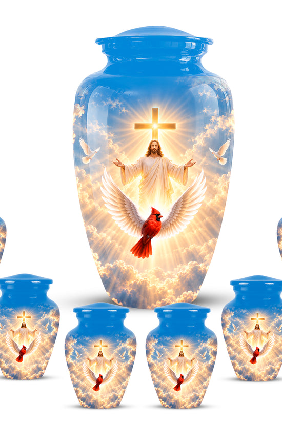 Christian Memorial Urn with Jesus & Cardinal - Heavenly Cremation Ashes Urn