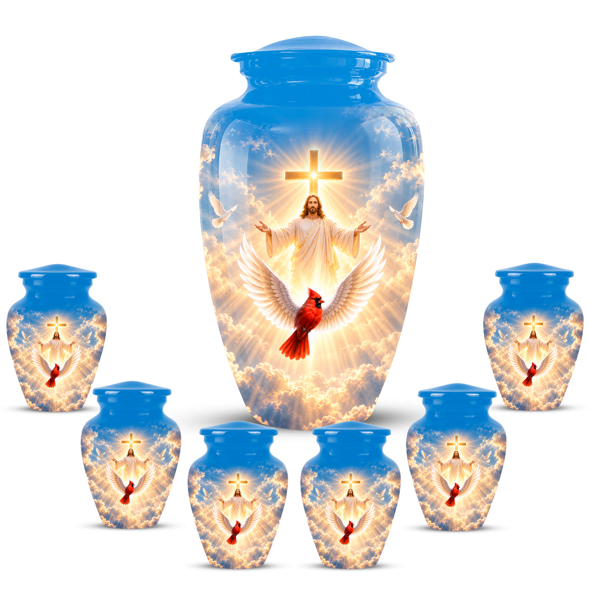 Christian Memorial Urn with Jesus & Cardinal - Heavenly Cremation Ashes Urn