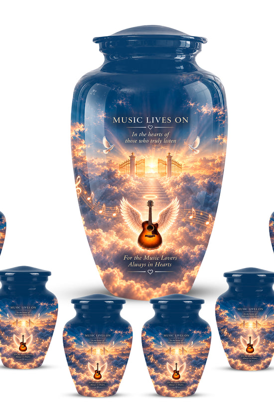 Angel Wings & Guitar Tribute Funeral Urn - Sunset Heaven Gate & Stairs Memorial Urn
