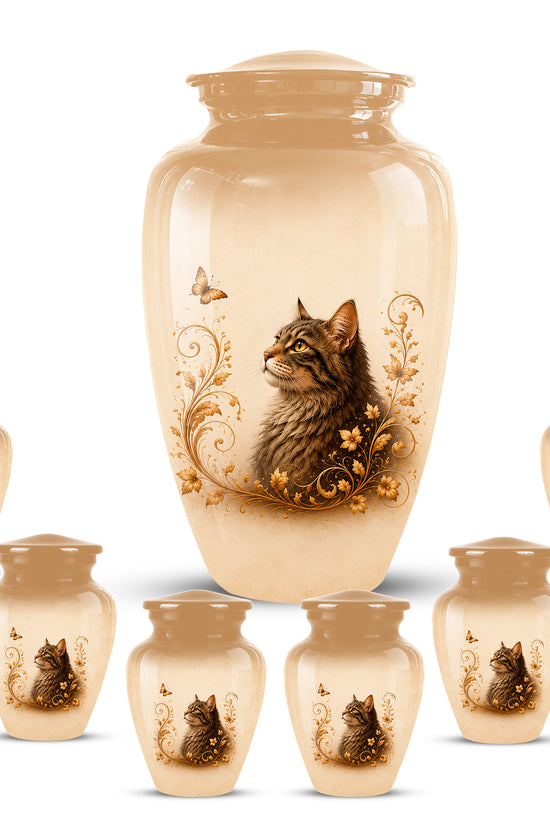 Custom Brown Memorial Cat Urn – Floral Aluminum Pet Ashes Cremation Urn
